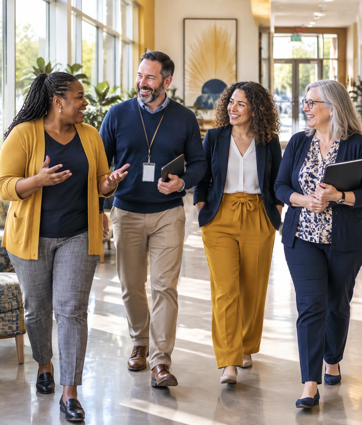 Four human-services professionals walking and talking together through a bright program building