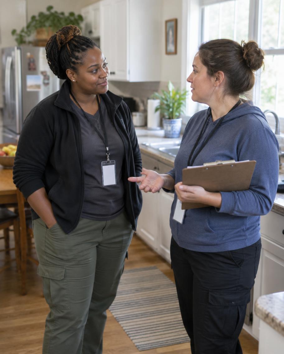 Two direct support professionals talking through a shift handoff in a residential program kitchen