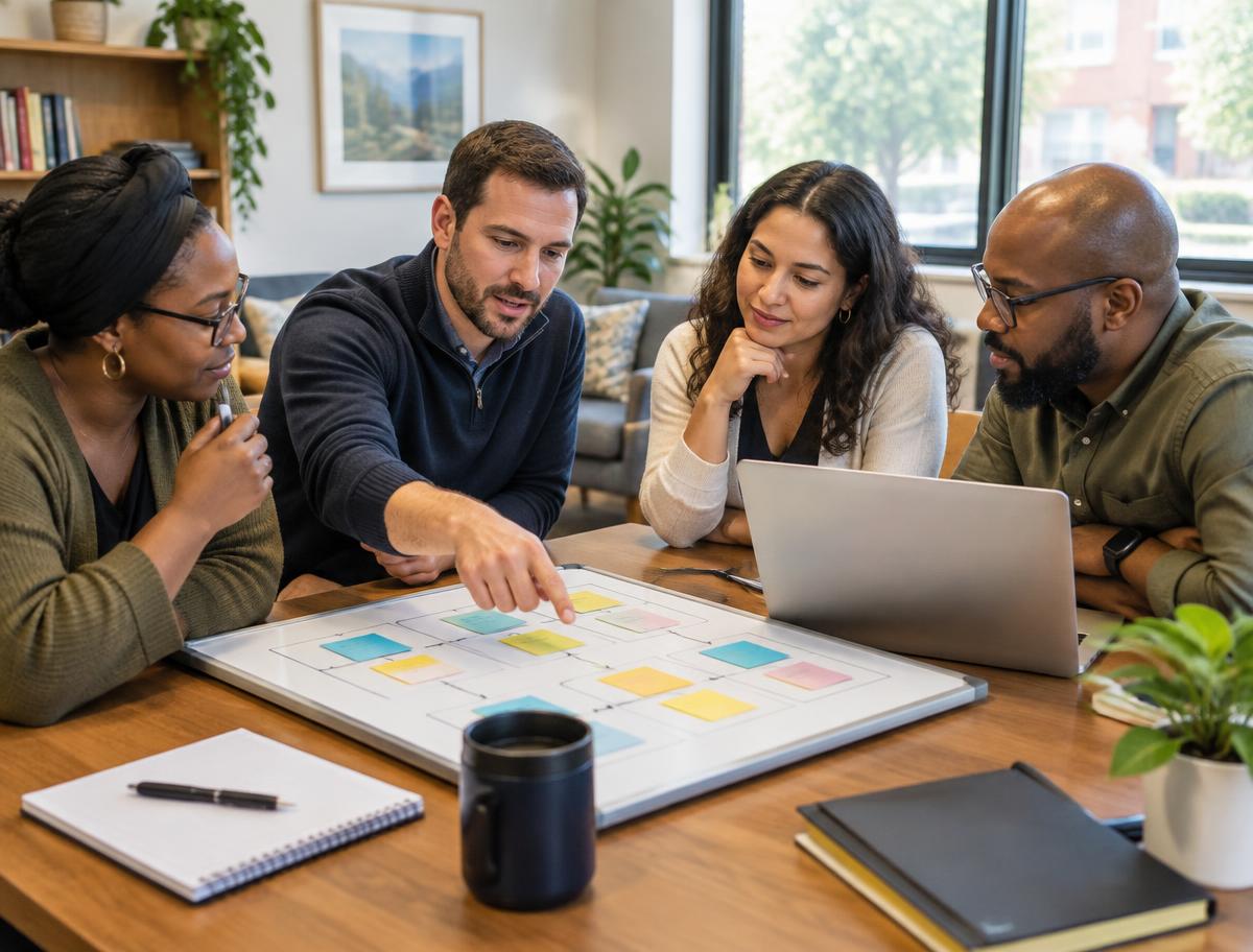 A program leadership team mapping a workflow together around a table